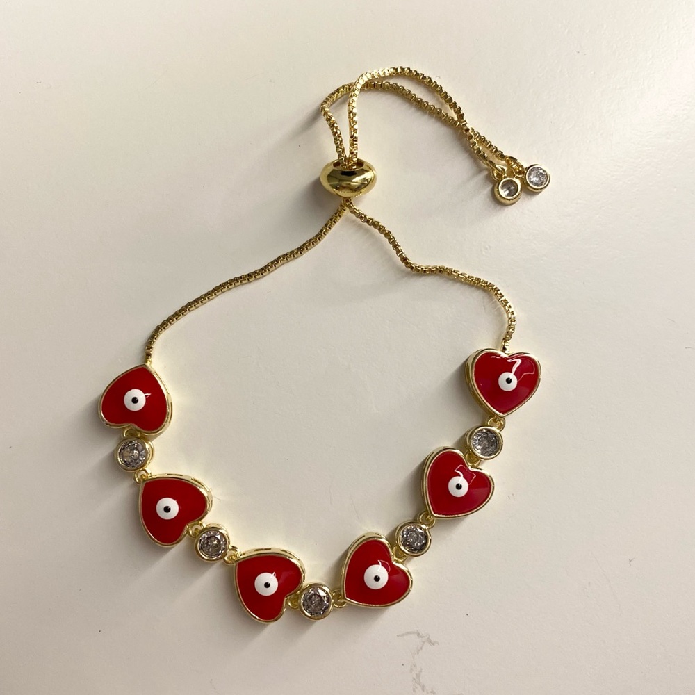 Plated Gold Red Heart Evil Eye Adjustable Bracelet - Picture 1 of 3